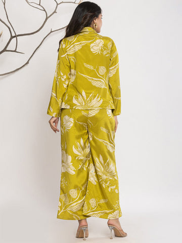 Varanga Women Floral Printed Front Placket Shirt with Flared Palazzo